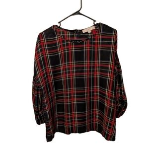 LOFT Red and Black Plaid Blouse MP Back Buttons Balloon Shirred Sleeves